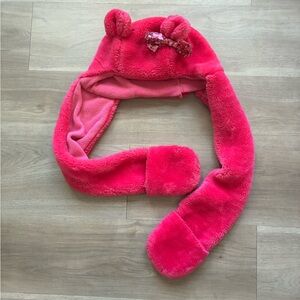 Kids Plush Ear Hat Scarf with Bow - Hot Pink